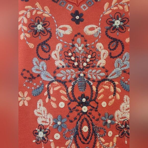 Alfred Dunner M Coral Floral Embroidered Top Sequins ShrtSlve V Neck Women's Top - Picture 5 of 8